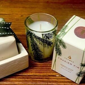🆕🌲Thymes Frasier Fir Votive Candle and Soap with Wooded Pattern Soap Dish 🌲🆕